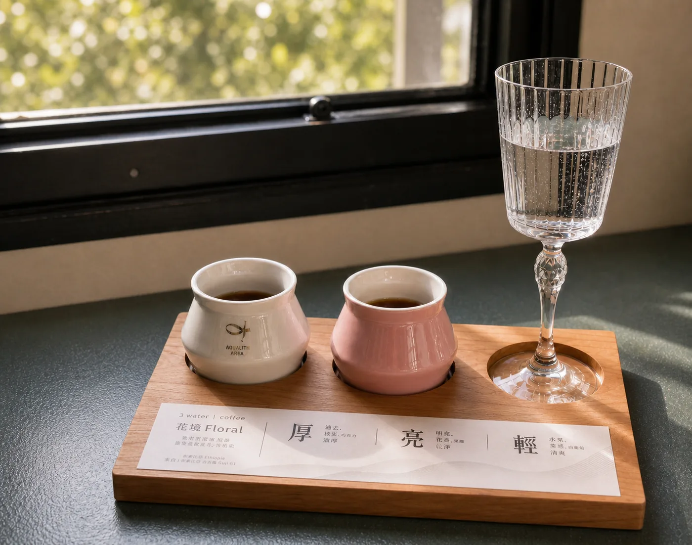木盤上的三杯咖啡與一杯水，標示厚、亮、輕