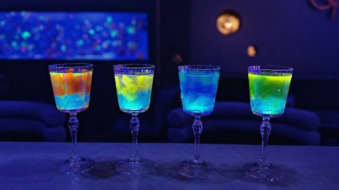 UV 燈下發光的四杯調飲